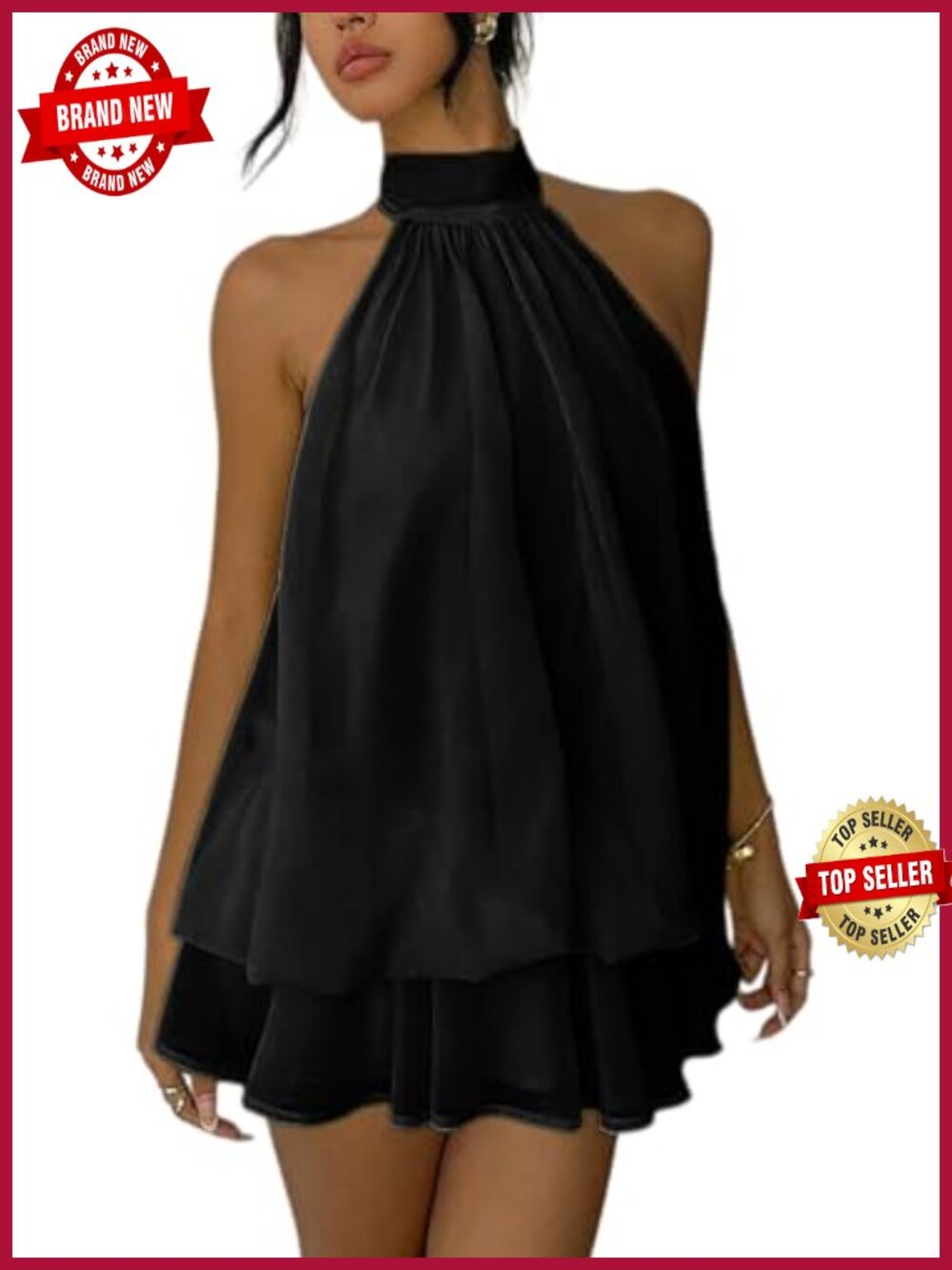 Women's Chiffon Halter Mini Dress Backless Sleeveless Ruffle Hem Summer Party